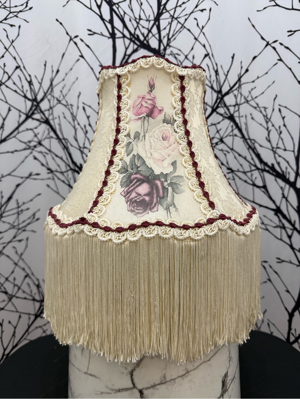 MCM Victorian Style Lampshade with Floral Fringe Flowers Beige Lace Trim 13”